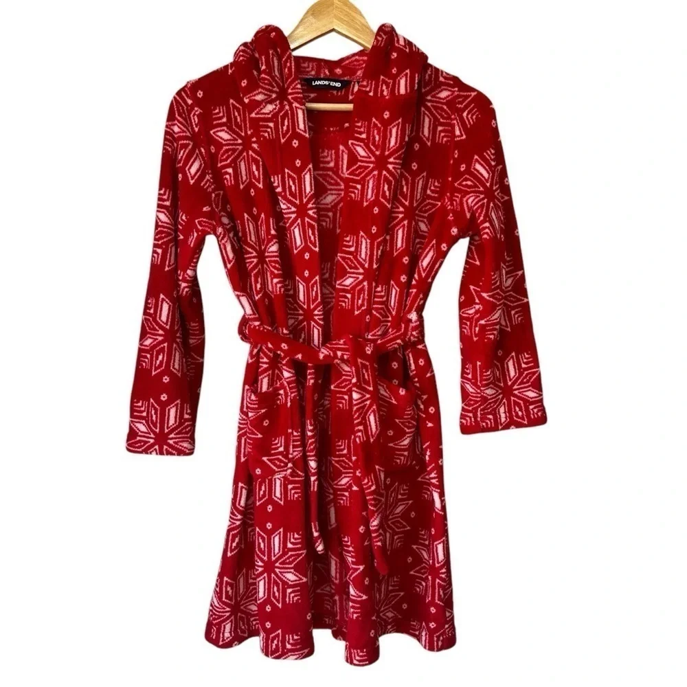 Lands' End Kids Fleece Hooded Robe, Christmas red with white snowflakes, 12